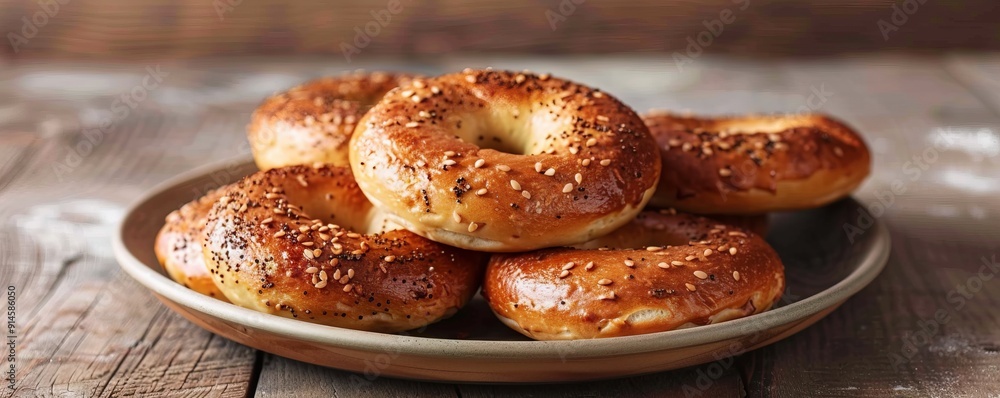 Freshly baked bagels on a plate, 4K hyperrealistic photo Freshly baked bagels on a plate, 4K hyperrealistic photo