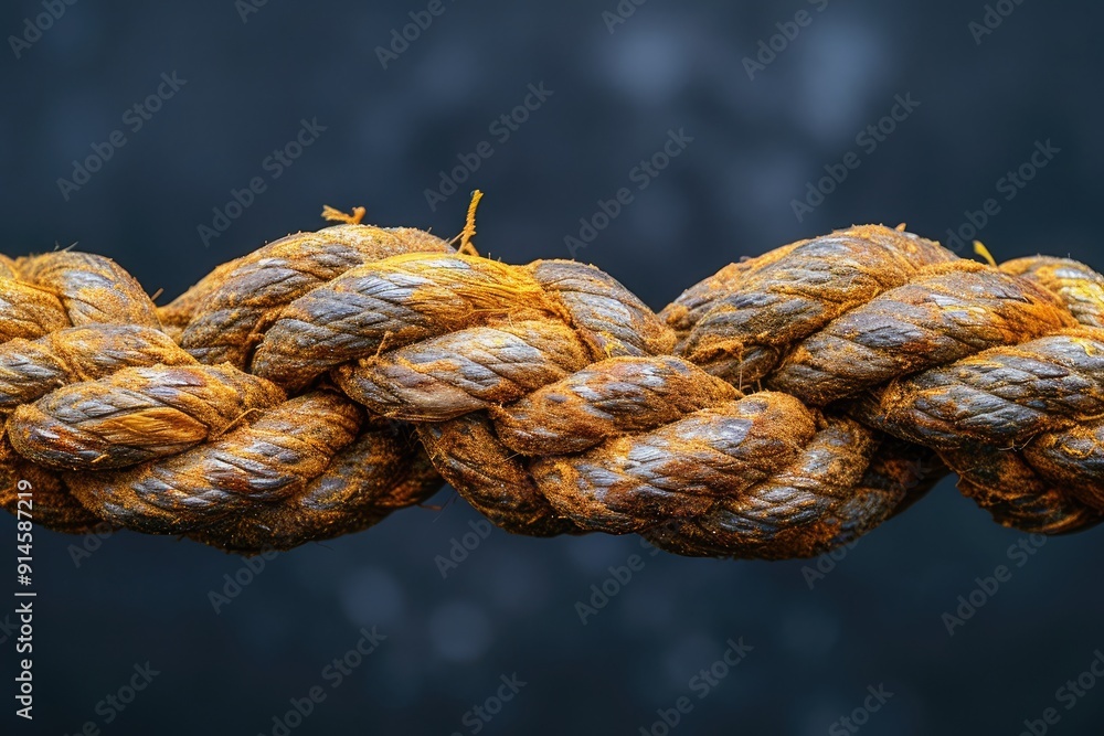 Close-up of a Worn, Braided Rope with a Blurry Blue Background Close-up of a Worn, Braided Rope with a Blurry Blue Background