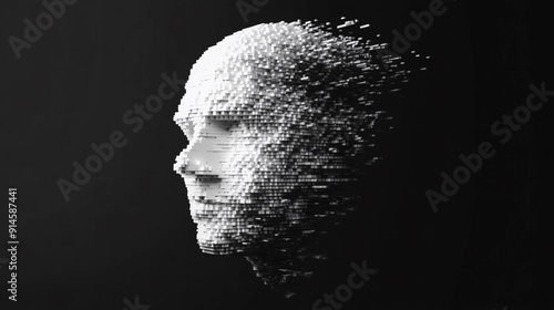 Pixelated Mind: AI Face in Black Void photo