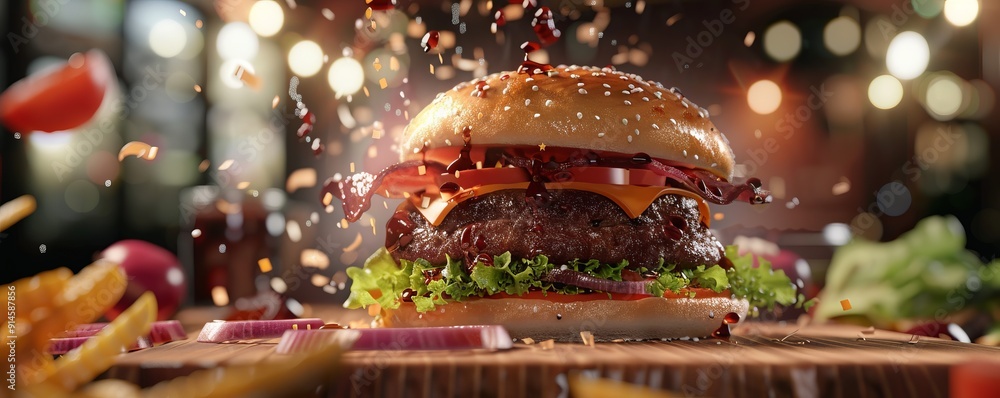 Delicious burger with all the fixings, 4K hyperrealistic photo Delicious burger with all the fixings, 4K hyperrealistic photo