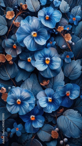 Close Up of Blue Flowers With Leaves