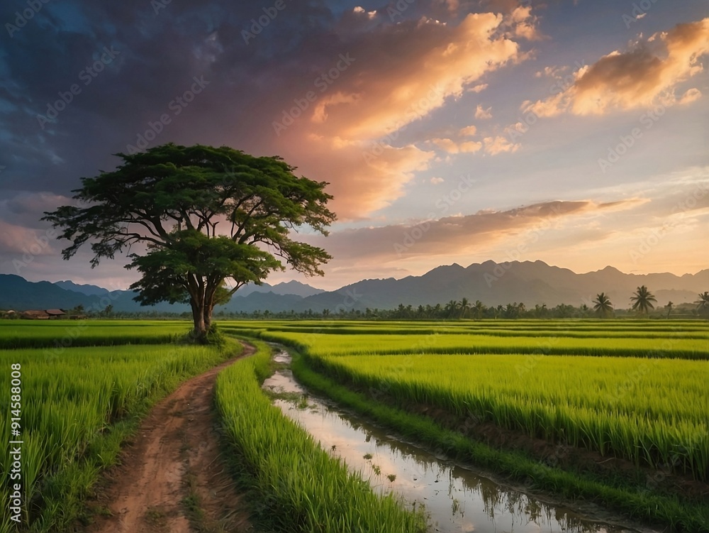 Obraz premium Golden Pathway: Sunset Over Tranquil Rice Fields