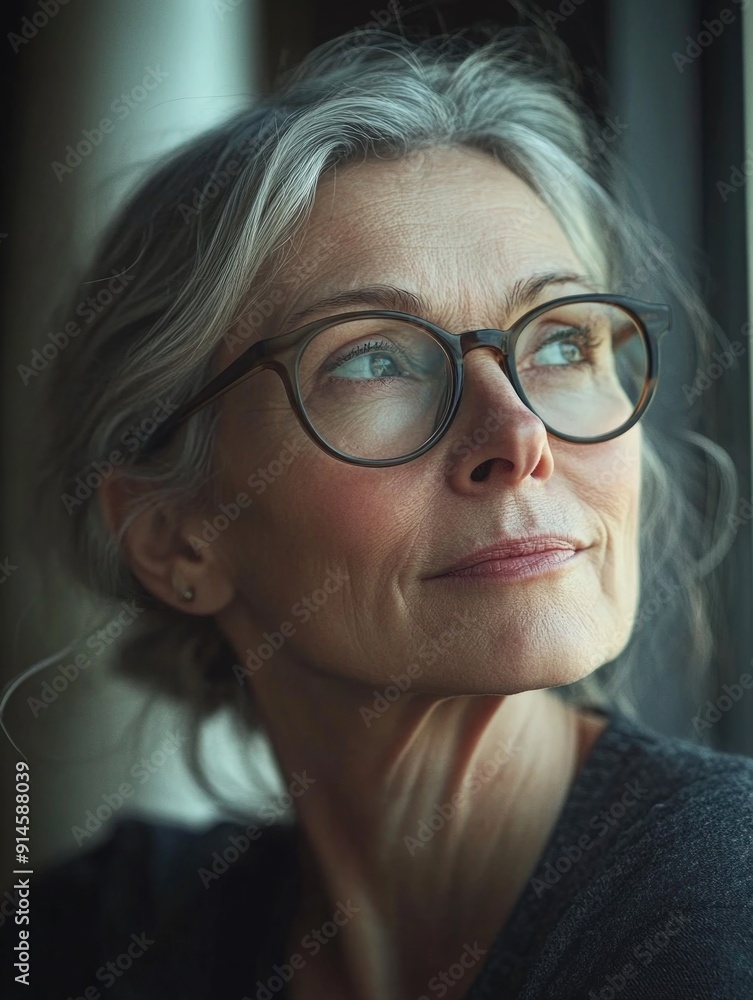 A woman wearing glasses looks out a window, possibly contemplating or observing something outside A woman wearing glasses looks out a window, possibly contemplating or observing something outside
