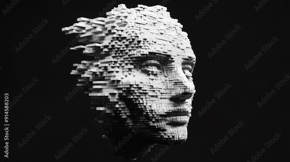 Pixelated Mind: AI Face in Black Void Pixelated Mind: AI Face in Black Void