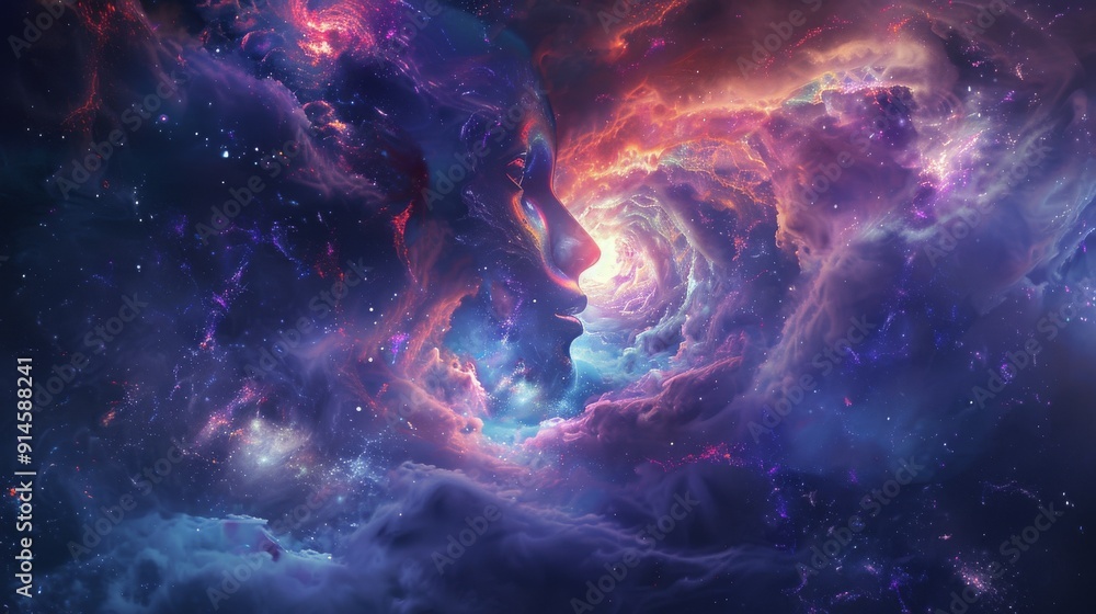 An abstract representation of subconsciousness featuring a human head with a swirling galaxy inside An abstract representation of subconsciousness featuring a human head with a swirling galaxy inside