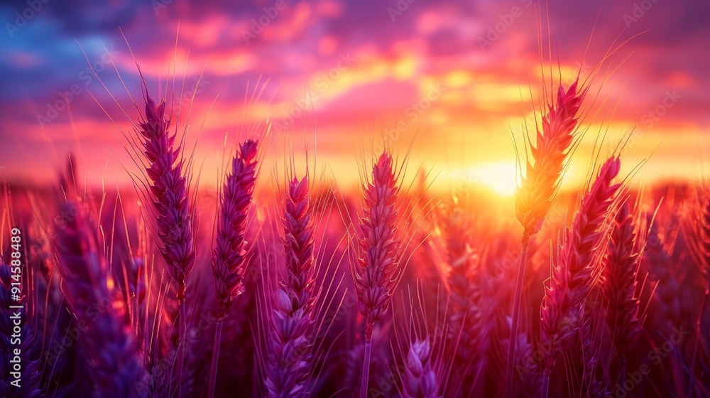 Vibrant sunset over wheat field - generative ai Vibrant sunset over wheat field - generative ai