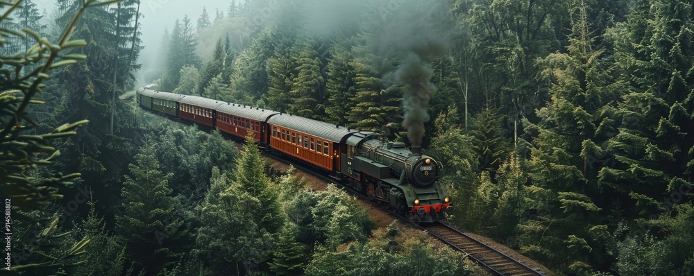 Classic train traveling through a forest, 4K hyperrealistic photo Classic train traveling through a forest, 4K hyperrealistic photo