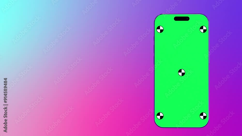 Smartphone with green screen and marks for tracking. Colorful gradient background Smartphone with green screen and marks for tracking. Colorful gradient background