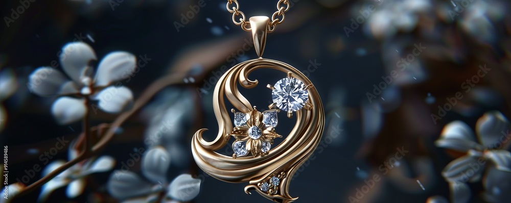 Art Nouveau-inspired diamond pendant with flowing lines and floral motifs, 4K hyperrealistic photo Art Nouveau-inspired diamond pendant with flowing lines and floral motifs, 4K hyperrealistic photo