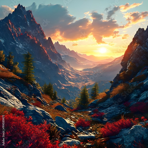 sunset in the forest mountains