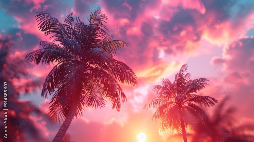 Obraz premium Tropical palm trees against vibrant sunset sky - generative ai