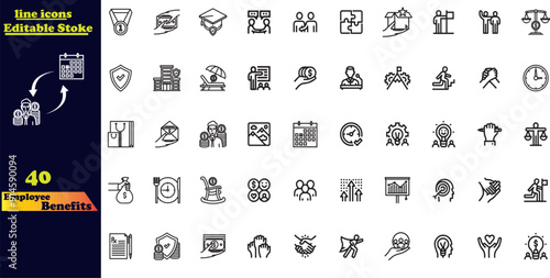Editable line Employee Benefits outline icon set. Health insurance, bonus, social security, maternity rest, paid vacation, collection. Vector illustration.