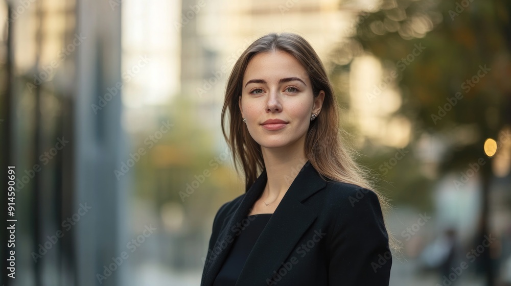 Beautiful young business woman outdoors with blurred defocused business center background High quality photo Beautiful young business woman outdoors with blurred defocused business center background High quality photo