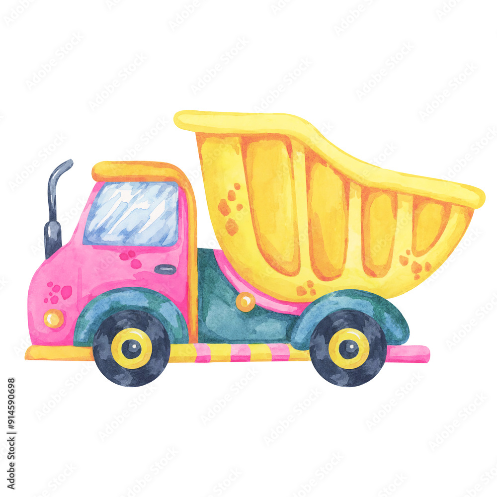 Dump truck car in cartoon style with yellow and pink accents. Building site vehicle, traffic watercolor clipart perfect for construction-themed designs, kids' room decor, or educational resources. Dump truck car in cartoon style with yellow and pink accents. Building site vehicle, traffic watercolor clipart perfect for construction-themed designs, kids' room decor, or educational resources.