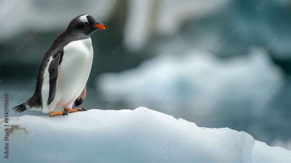 Fototapeta premium Penguin contemplates jumping off the edge of an iceberg.