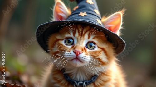 A cute ginger kitten wearing a whimsical witch hat, capturing a magical and charming moment in a forest setting. photo