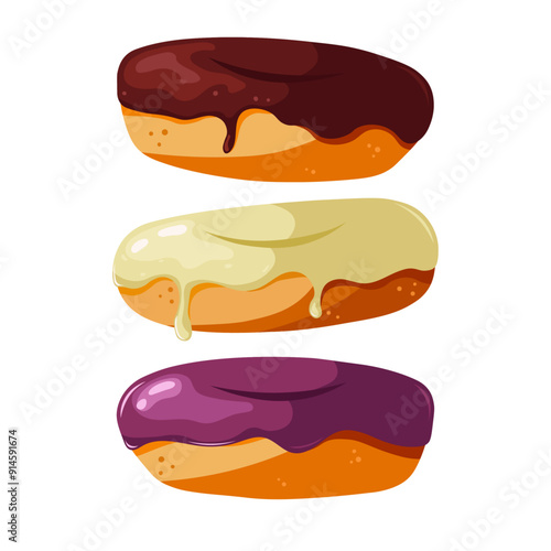 Vector set of hand drawn glazed donuts. Sweet bakery and pastry. Dessert collection with isolated elements	