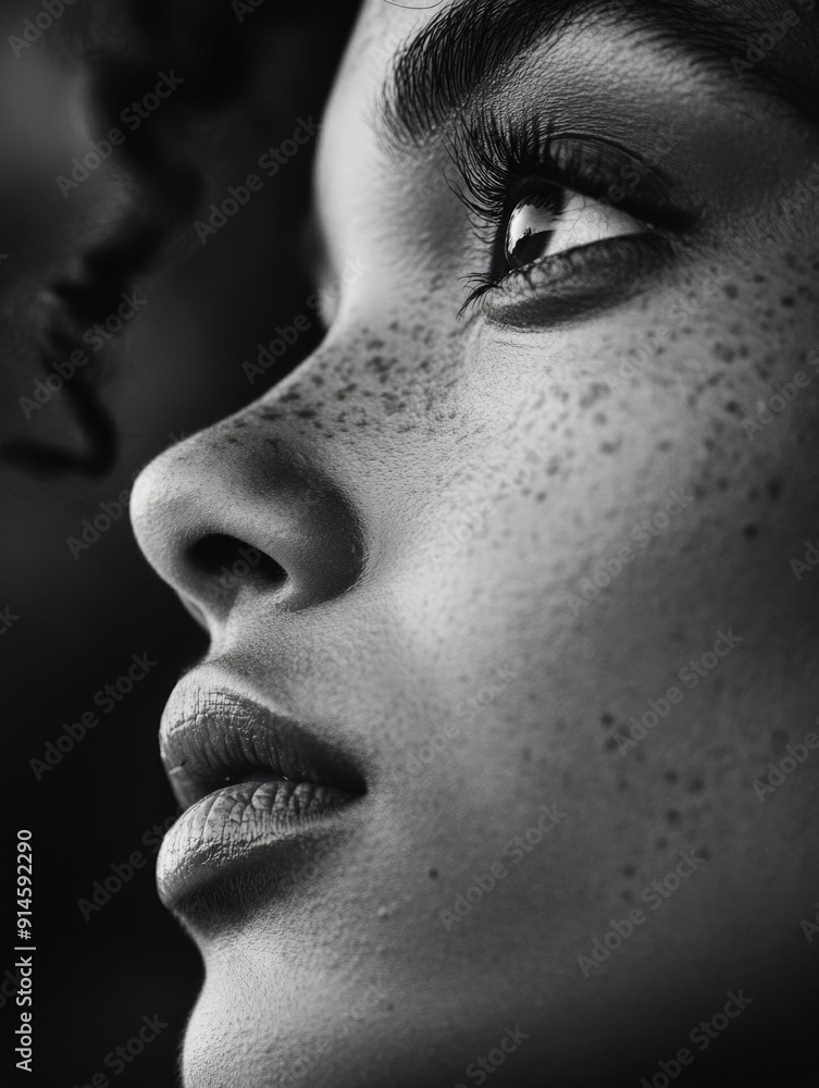 Close-up shot of a woman's face featuring distinctive freckles, suitable for beauty or lifestyle uses