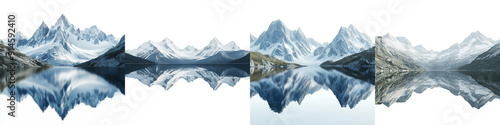 set of A serene lake surrounded by snow capped mountains reflecting in the water, Mountain Reflections on a Tranquil Lake, Peaks Surrounding a Quiet Lake, Calm Lake, on a transparent backgrounds