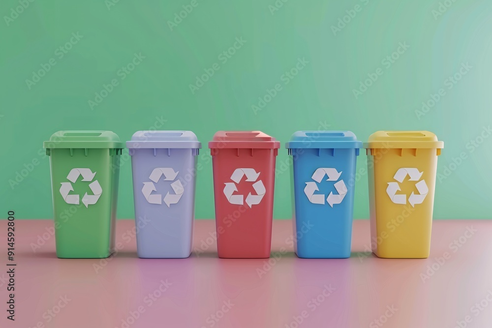 Recycling bins. Colorful trash cans in a row. Recycling concept. Recycling bins. Colorful trash cans in a row. Recycling concept.