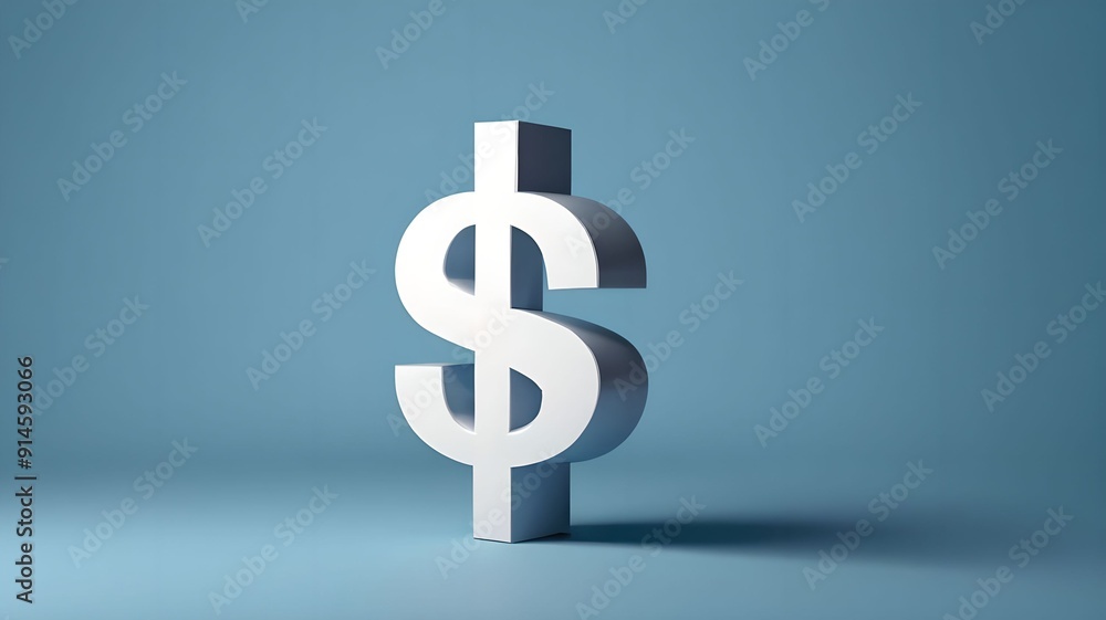 3D. White dollar sign symbol standing prominently on a solid blue background with ample negative space. Suitable for financial advertising, business presentations, and economic reports. 3D. White dollar sign symbol standing prominently on a solid blue background with ample negative space. Suitable for financial advertising, business presentations, and economic reports.