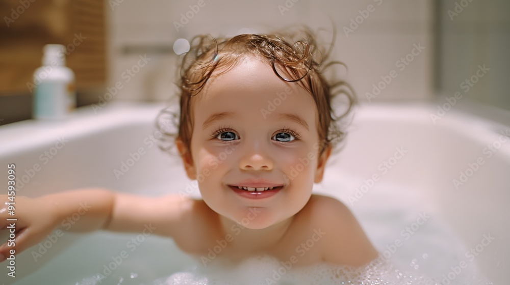 Portrait of smiling toddler playing in bathtub Portrait of smiling toddler playing in bathtub