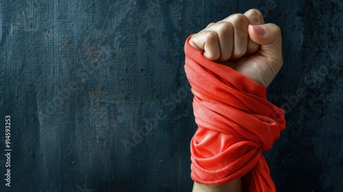 Stop violence against Women. Female hand clenched into a fist with a red scarf. Problems of sexual abuse, harassment, human trafficking, domestic violence rape. Horizontal banner. Copy space