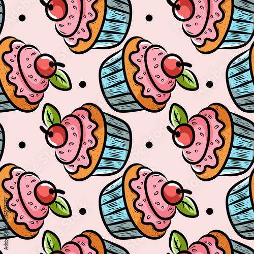 Seamless pattern of cake with berry, in line art style in color, repeating pattern. Design for packaging food, sweets, coffee, cake, ice cream, cupcake, vector