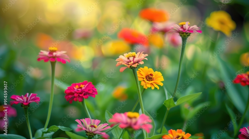 Zinnia flowers blooming in garden as natural floral backdrop Zinnia flowers blooming in garden as natural floral backdrop