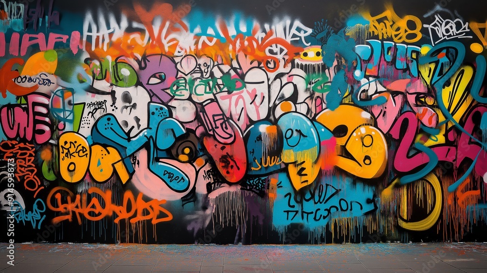 Naklejka premium Colorful graffiti street art covering a concrete wall, contemporary culture