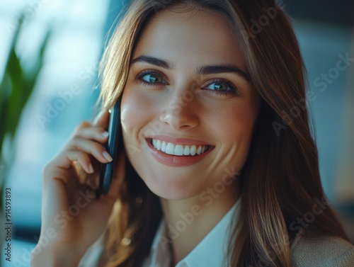 A smiling woman talks on her cell phone in a modern setting