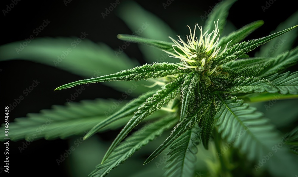 Macro Photography of a Lush Marijuana Plant Ready to Flower Against a Black Background Macro Photography of a Lush Marijuana Plant Ready to Flower Against a Black Background