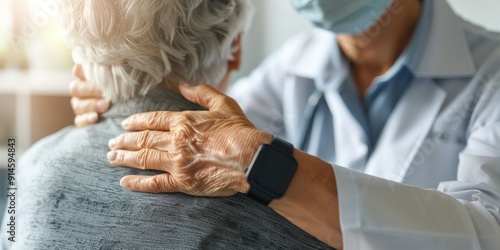 Joint discomfort, inflammation, or healing come from patient, physiotherapy, and tablet or healthcare assistance or online. Clinic, consultation, damage, or internet: person, fingers, shoulder