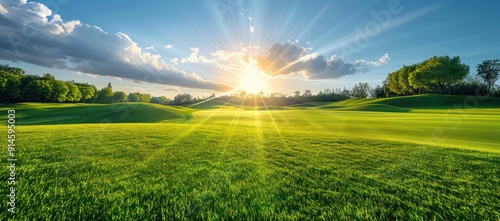 Sunlit Golf Course with Green Grass and Blue Sky