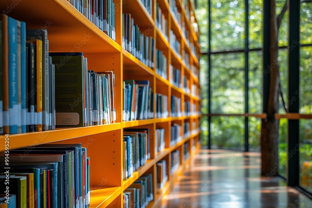 Bookshelves in a bright modern library Bookshelves in a bright modern library
