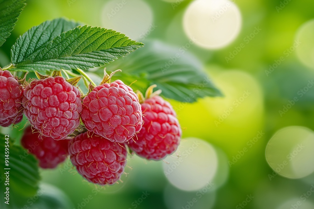 Close-up of ripe raspberries on branch