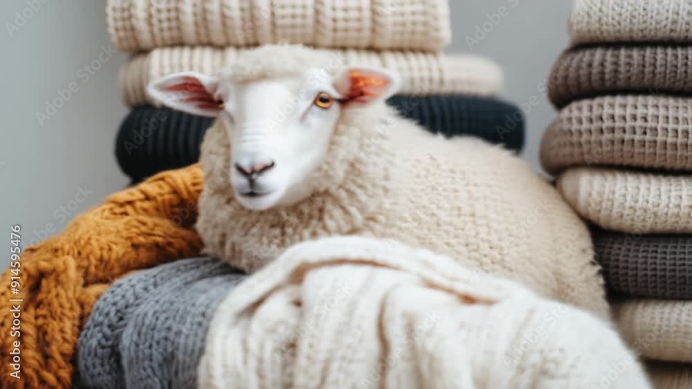 A 3D animation of a sheep wearing a knitted scarf in front of colorful wool blankets A 3D animation of a sheep wearing a knitted scarf in front of colorful wool blankets