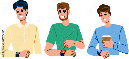 watch checking time man vector. hand clock, late business, business wristwatch watch checking time man character. people flat cartoon illustration