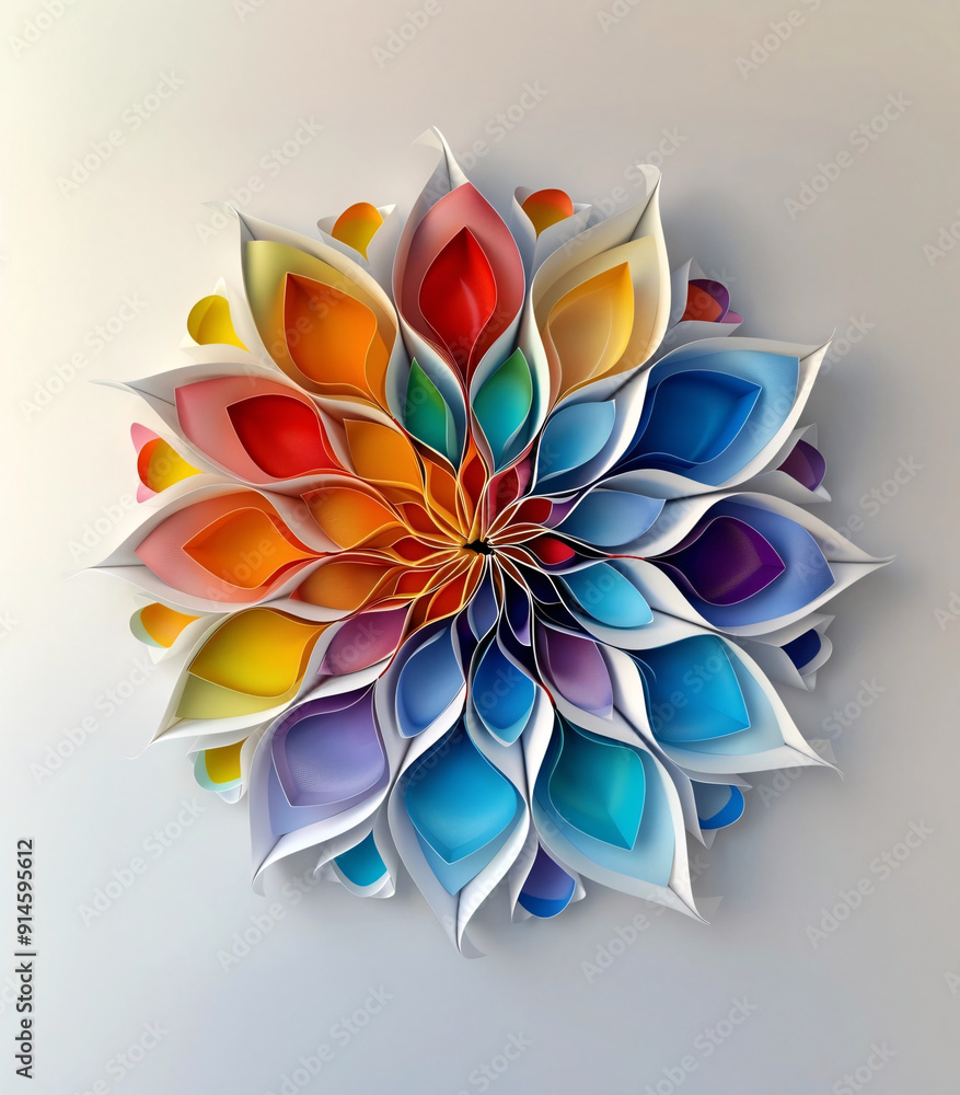 A vibrant, multi-colored, paper art sculpture resembling a flower with intricate, layered petals in shades of red, orange, yellow, green, blue, and purple against a light background A vibrant, multi-colored, paper art sculpture resembling a flower with intricate, layered petals in shades of red, orange, yellow, green, blue, and purple against a light background