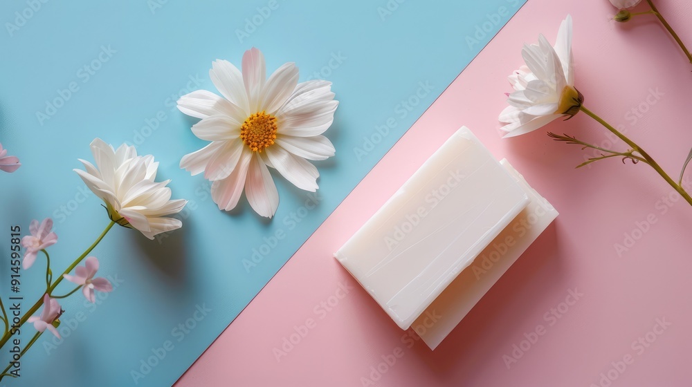 White flower and soap bar on dual-toned backdrop for skincare White flower and soap bar on dual-toned backdrop for skincare