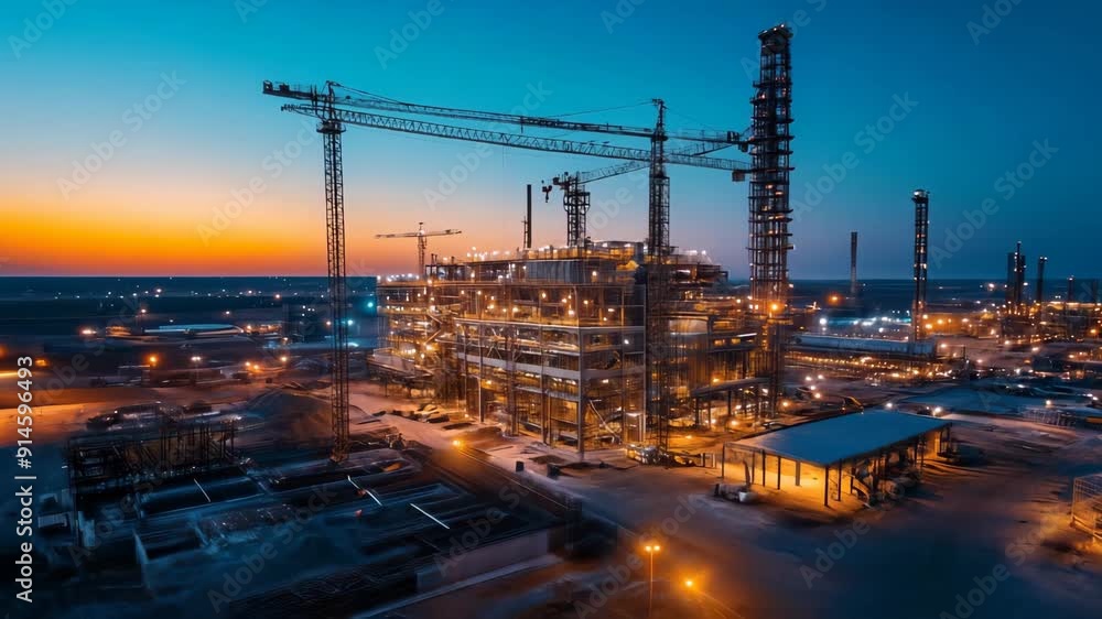 3D animation of an industrial plant at sunset with tower cranes and lighting 3D animation of an industrial plant at sunset with tower cranes and lighting