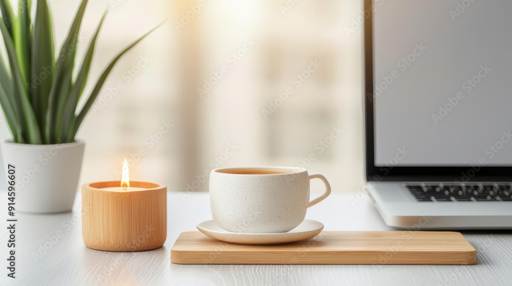 Peaceful workspace setup promoting mindfulness breaks and balanced work habits Peaceful workspace setup promoting mindfulness breaks and balanced work habits