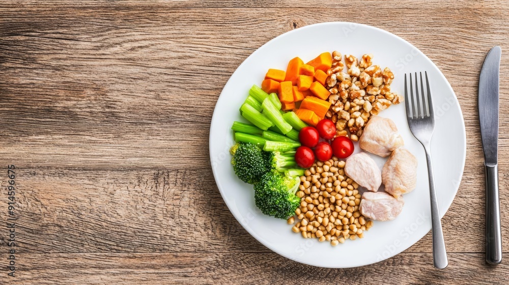 Plate with balanced portions of proteins, vegetables, and grains, promoting dietary moderation Plate with balanced portions of proteins, vegetables, and grains, promoting dietary moderation