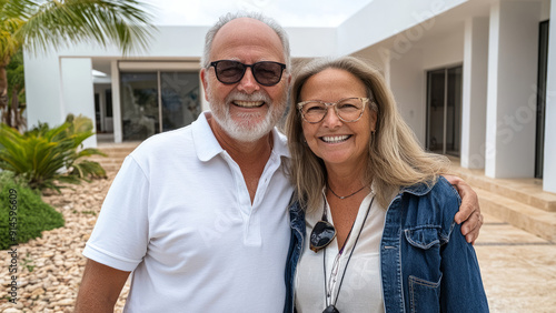 Happy mature couple smiling in front of modern home photo