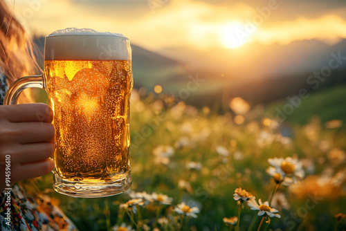 Mug with cold fresh golden beer on wooden table with Alps mountain on background. Craft beer on glass on Oktoberfest, international beer day and St. Patrick's day celebration. Copy space.