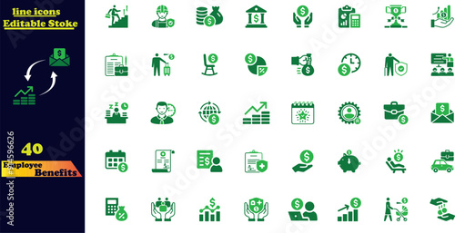 Editable line Employee Benefits outline icon set. Health insurance, bonus, social security, maternity rest, paid vacation, collection. Vector illustration.