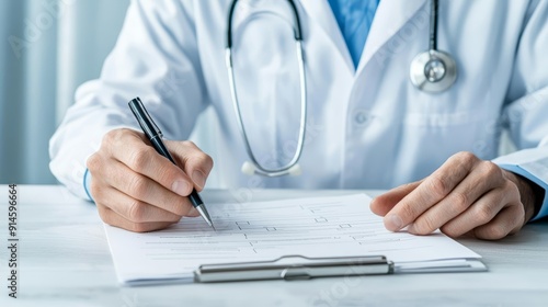 Physician filling out a health survey form, checking off answers during a consultation