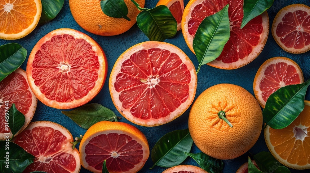 A collection of grapefruits and oranges surrounded by lush green foliage on a vibrant blue background A collection of grapefruits and oranges surrounded by lush green foliage on a vibrant blue background
