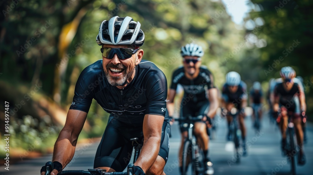 A group of cyclists are racing down a road, Team sport cyclist photo. Group of triathlete on bicycle ride on the road, A group of cyclists are racing down a road, Team sport cyclist photo. Group of triathlete on bicycle ride on the road,