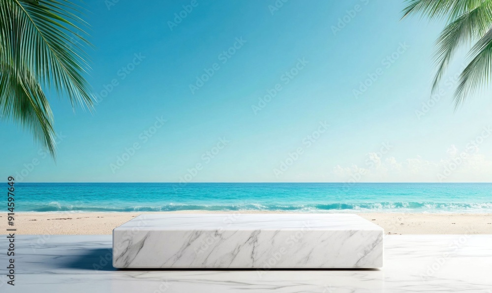 Marble Pedestals with Palm Trees and Ocean Background. Generative ai. Marble Pedestals with Palm Trees and Ocean Background. Generative ai.
